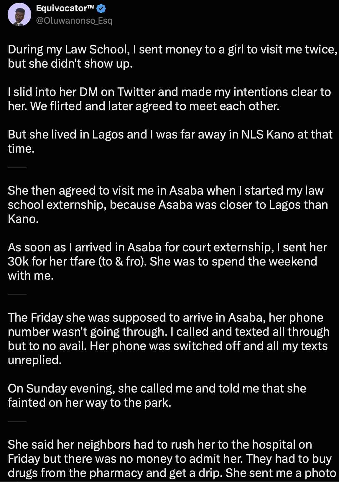 Lawyer recounts revenge on lady who failed to visit after collecting N85K